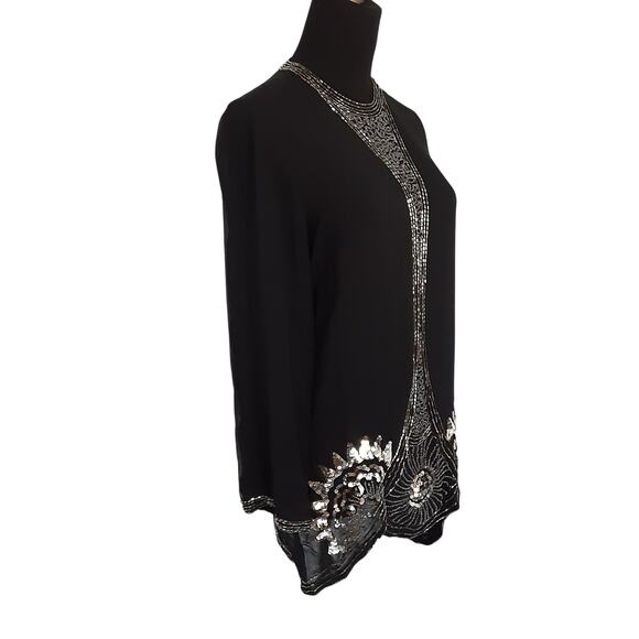 Vintage 1980s 100% Silk Tunic Blouse Black Beaded Statement Collar Long Sleeve S - Picture 4 of 16
